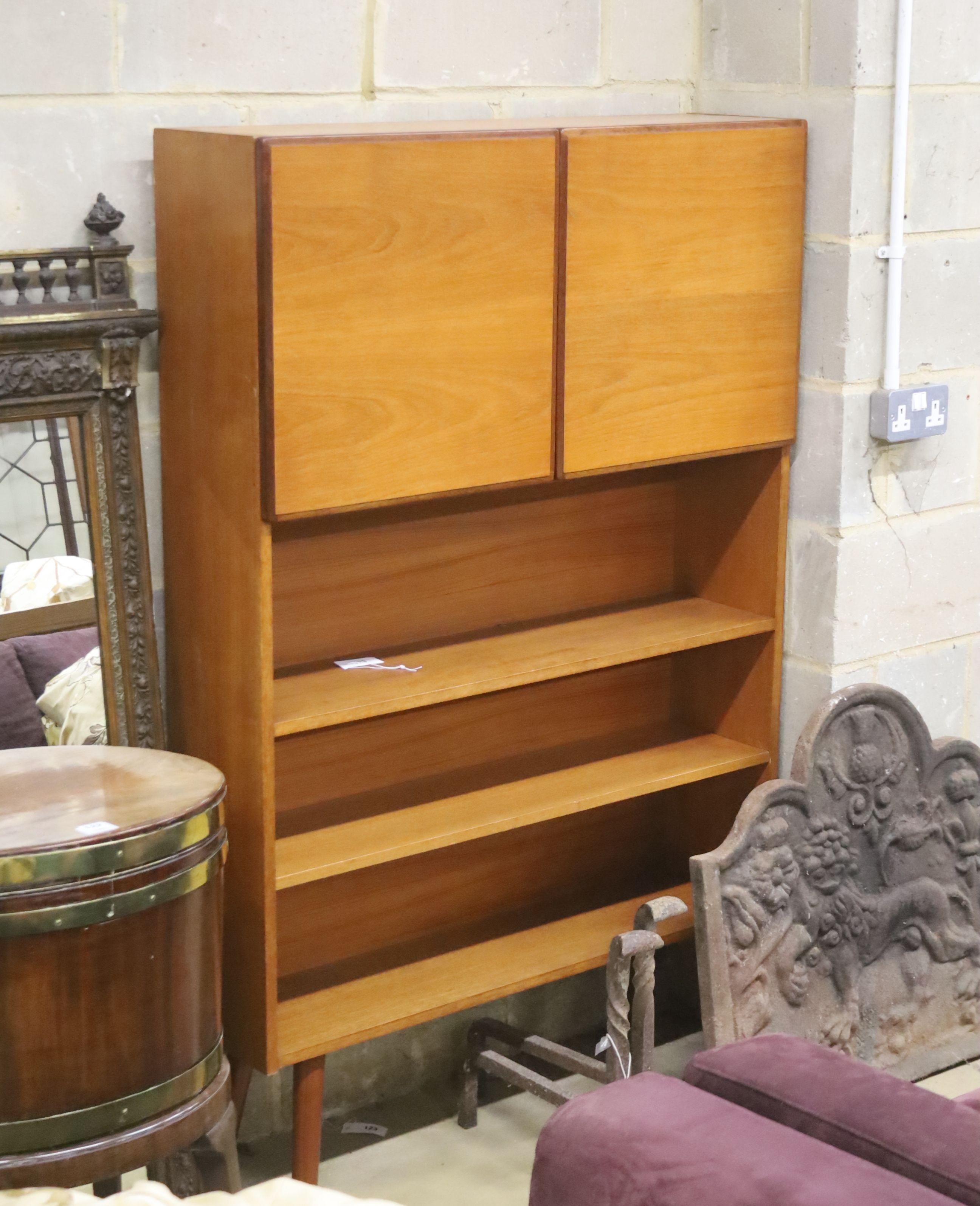 A mid century style teak two door side cabinet, width 102cm, depth 26cm, height 156cm